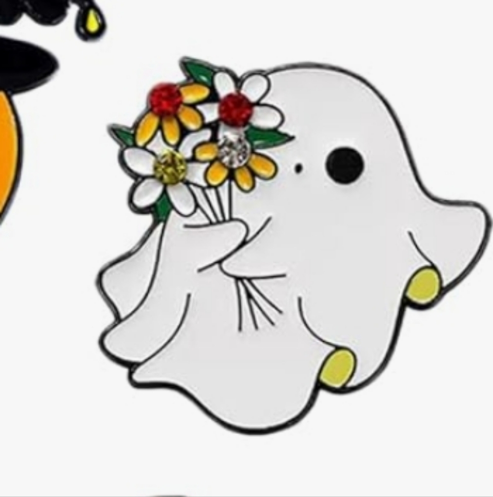 Cute White Ghost Holding Yellow Flower Bouquet Kids Pin